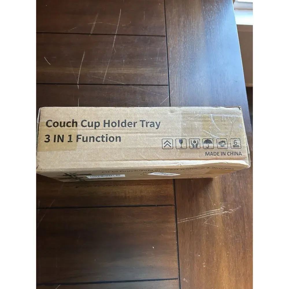 Bamboo Couch Cup Holder Tray Flexible Armrest Sofa Table Dark Brown